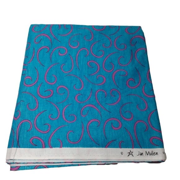 Cotton Sewing Fabric Blue with Whimsical Pink Curly Swirls Fashion Crafts 2 yds - Picture 1 of 4